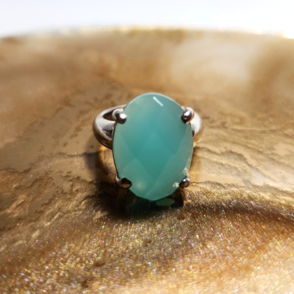Sterling Silver Cocktail Ring with Faceted Aqua Glass Gem | Size 6.75